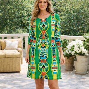 MSK Green Multi Abstract Print 3/4 Sleeve Stretch Shift Dress Medium